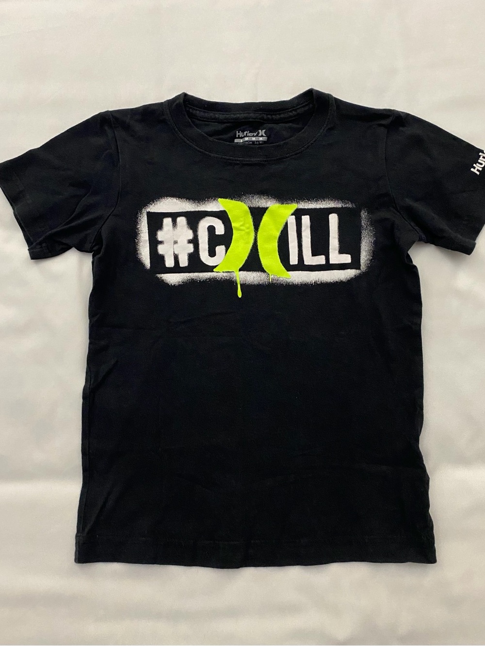 Hurley Boys' Black Graphic 'Chill' Tee with Neon Green Logo Size Medium